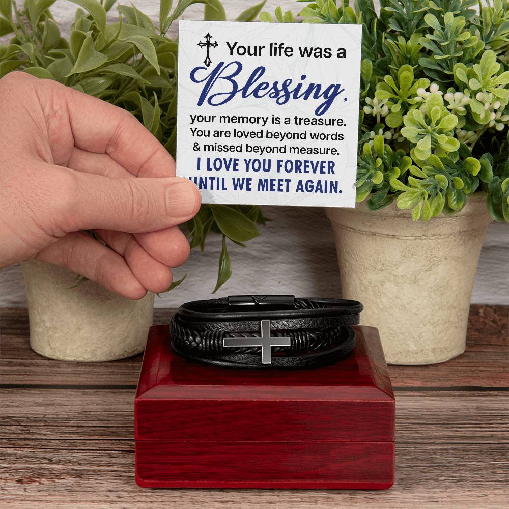 Your Life Was a Blessing Men's Cross Bracelet - Vegan Leather with Stainless Steel-Express Your Love Gifts