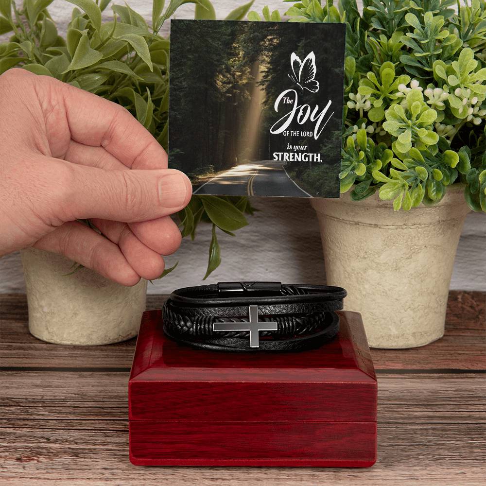 The Joy of The Lord is Your Strength Men's Stainless Steel & Vegan Leather Cross Bracelet - Vegan Leather with Stainless Steel-Express Your Love Gifts