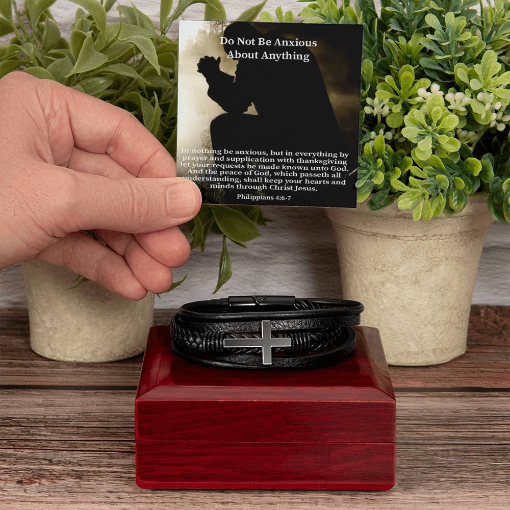 Do Not be Anxious About Anything Philippians 4:6-7 Men's Stainless Steel & Vegan Leather Cross Bracelet - Vegan Leather with Stainless Steel-Express Your Love Gifts