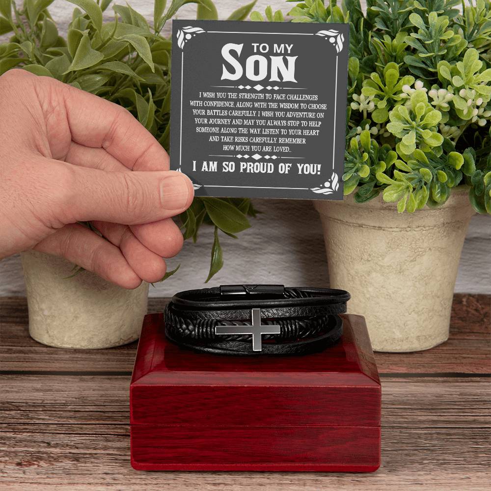 To My Son I Wish You the Strength to Face Challenges Men's Cross Bracelet - Vegan Leather with Stainless Steel-Express Your Love Gifts