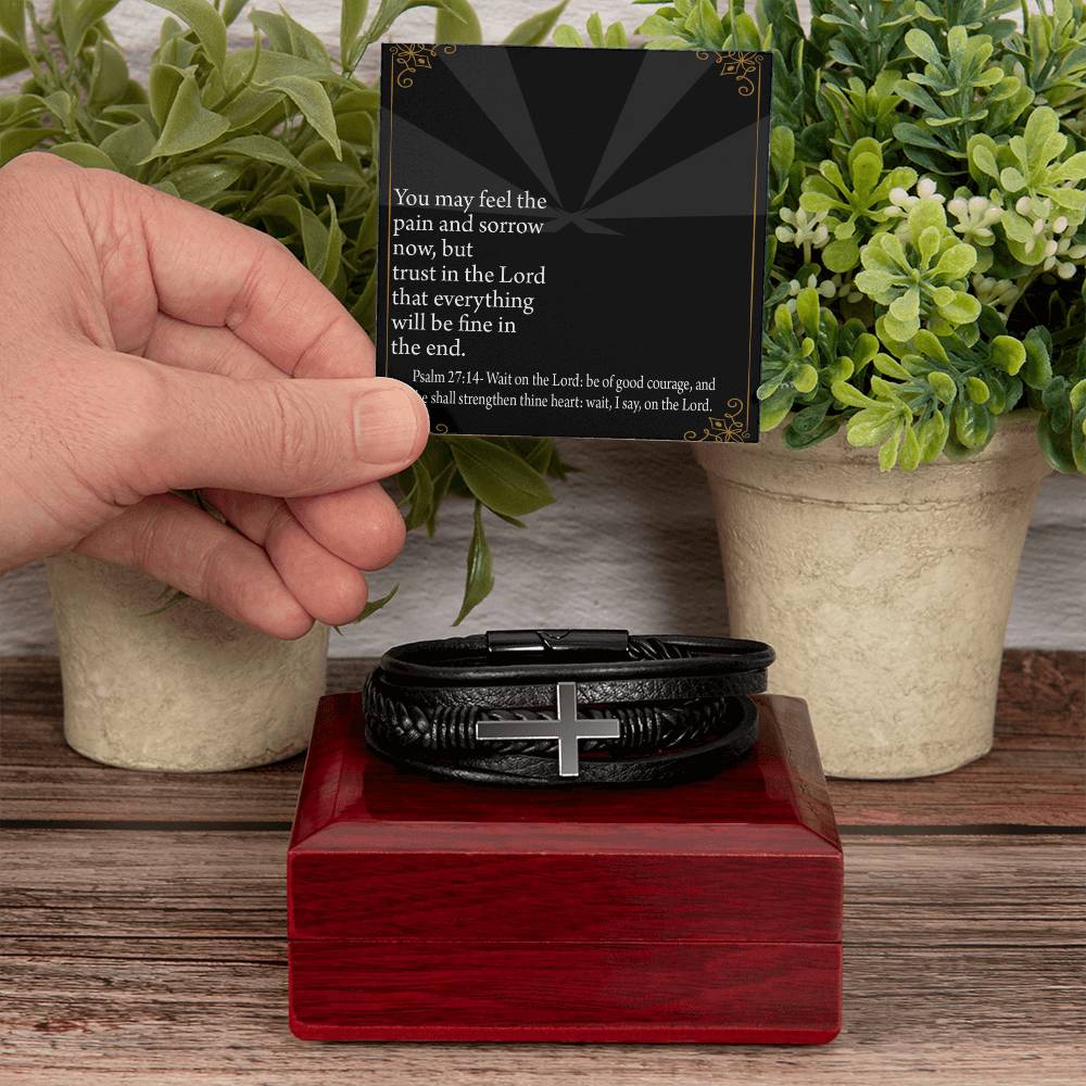 God's Strength Psalm 27:14 Men's Stainless Steel & Vegan Leather Cross Bracelet - Vegan Leather with Stainless Steel-Express Your Love Gifts