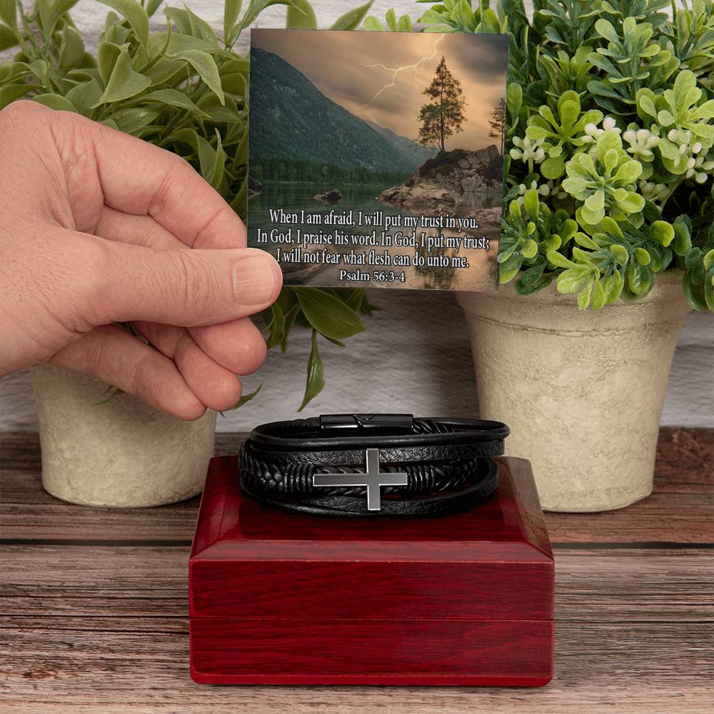 Trust in God Psalm 56:3-4 Men's Stainless Steel & Vegan Leather Cross Bracelet - Vegan Leather with Stainless Steel-Express Your Love Gifts