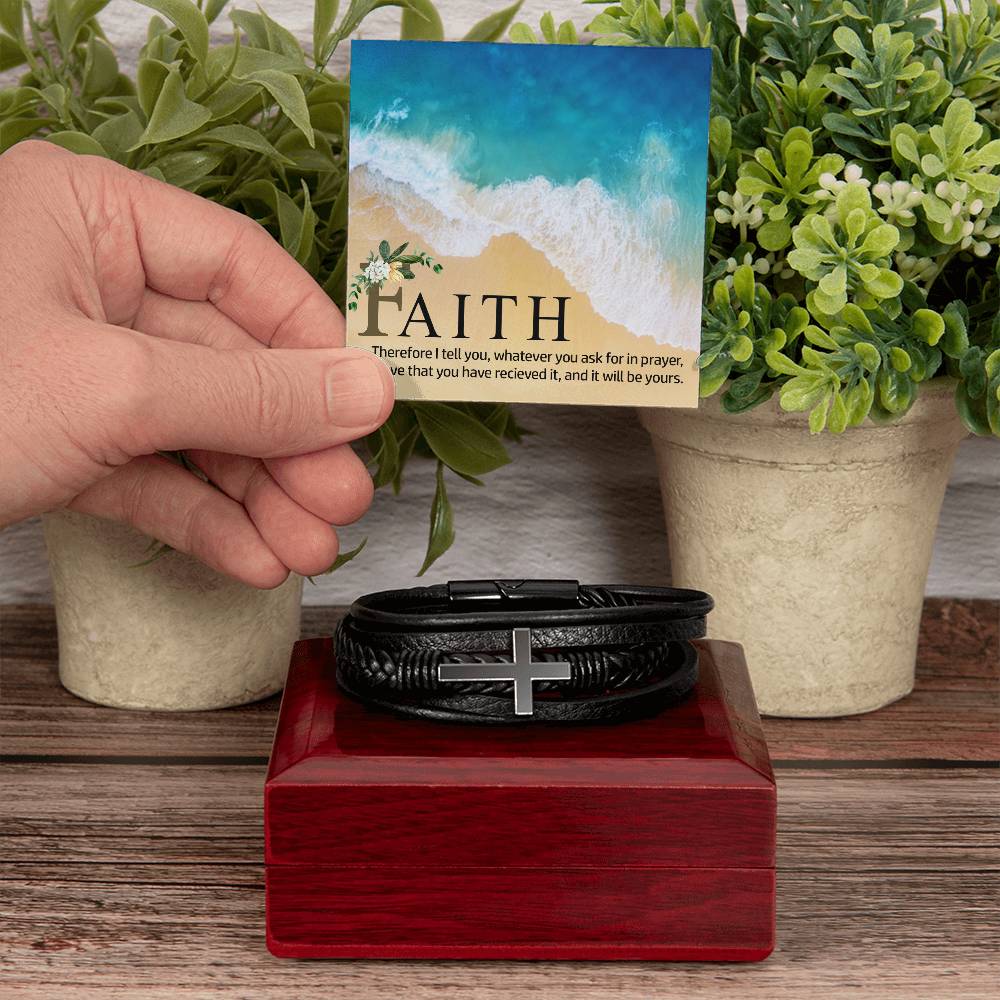 Therefor I Tell You Men's Stainless Steel & Vegan Leather Cross Bracelet - Vegan Leather with Stainless Steel-Express Your Love Gifts