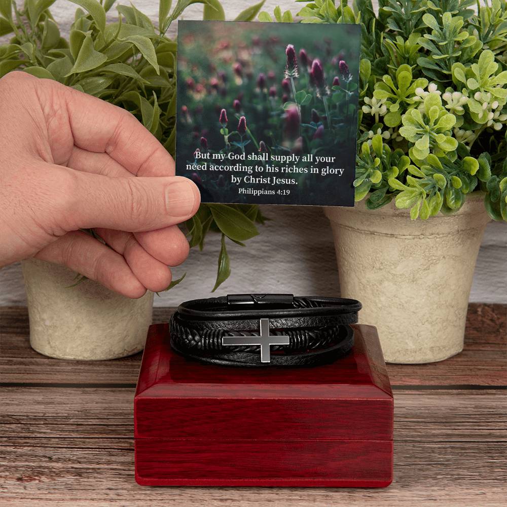 God Supply All Your Need Philippians 4:19 Men's Stainless Steel & Vegan Leather Cross Bracelet - Vegan Leather with Stainless Steel-Express Your Love Gifts