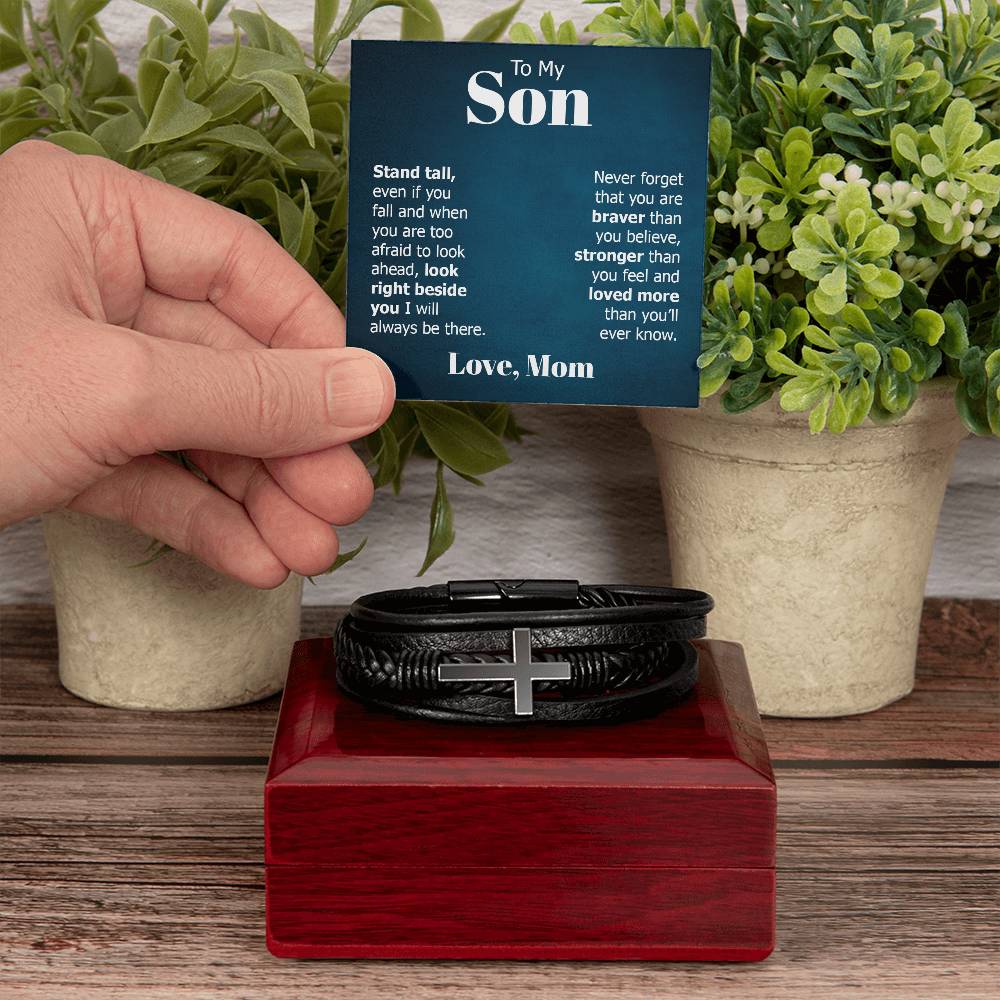 To My Son Stand Tall Even if You Fall Men's Cross Bracelet - Vegan Leather with Stainless Steel-Express Your Love Gifts