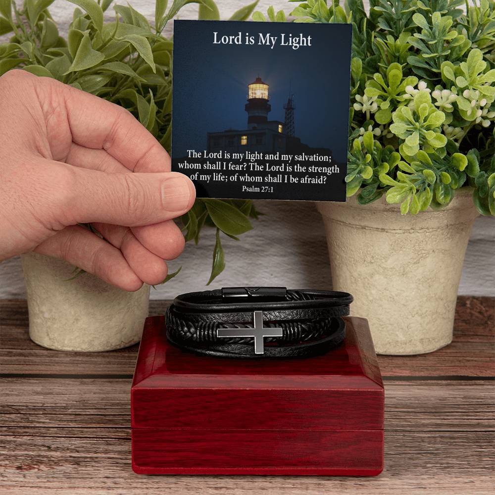 Lord is My Light Psalm 27:1 Men's Stainless Steel & Vegan Leather Cross Bracelet - Vegan Leather with Stainless Steel-Express Your Love Gifts