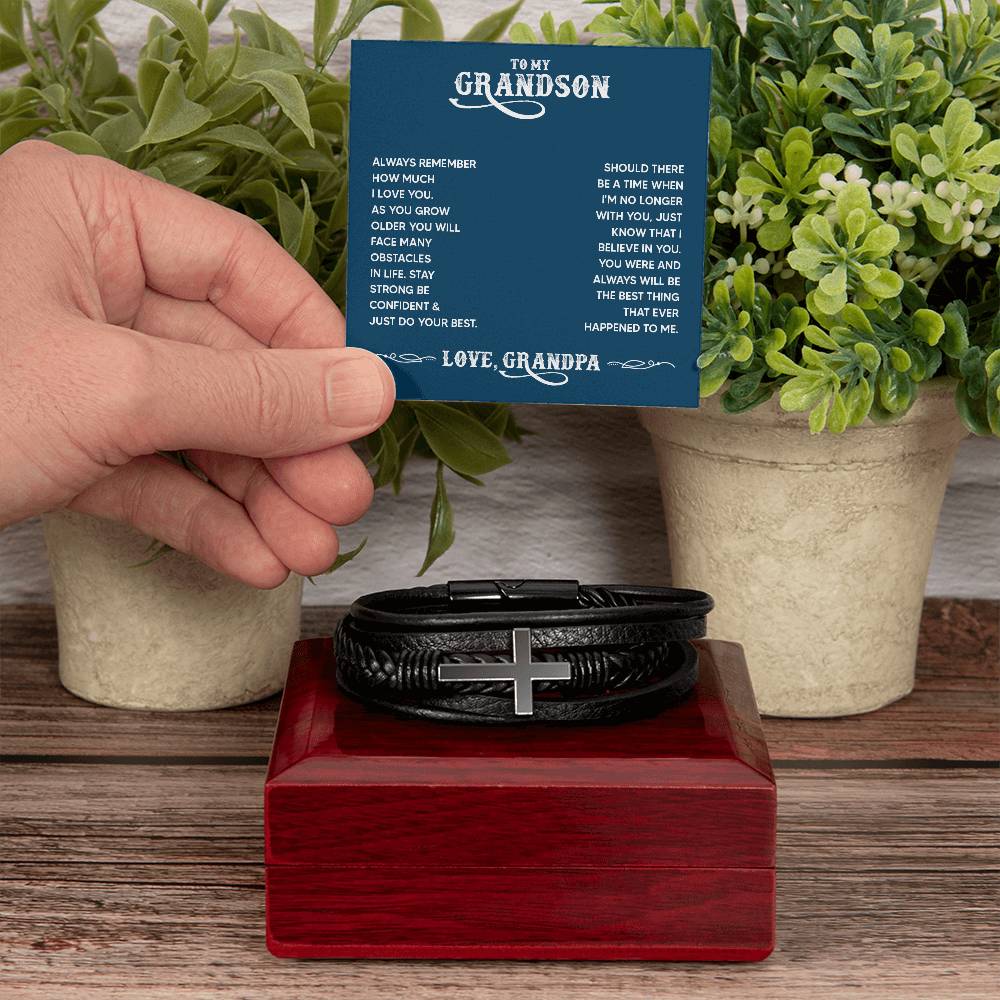 To My Grandson Always Remember From Grandpa Men's Cross Bracelet - Vegan Leather with Stainless Steel-Express Your Love Gifts