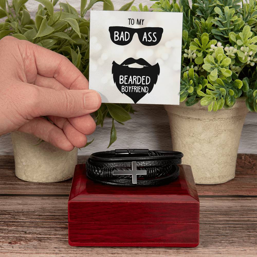 To My Badass Bearded Boyfriend Men's Cross Bracelet - Vegan Leather with Stainless Steel-Express Your Love Gifts