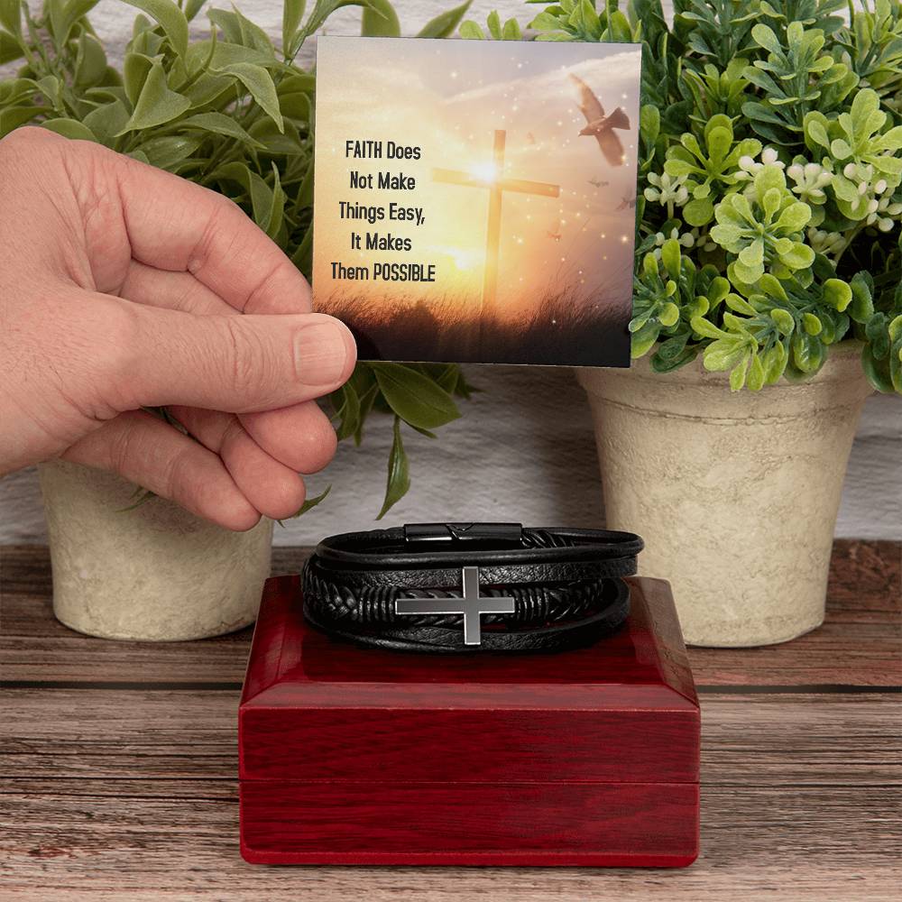 Faith Does Not Make Things Easy Luke 1:37 Men's Stainless Steel & Vegan Leather Cross Bracelet - Vegan Leather with Stainless Steel-Express Your Love Gifts