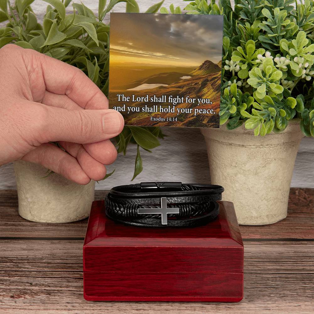 The Lord Shall Fight For You Exodus 14:14 Men's Stainless Steel & Vegan Leather Cross Bracelet - Vegan Leather with Stainless Steel-Express Your Love Gifts
