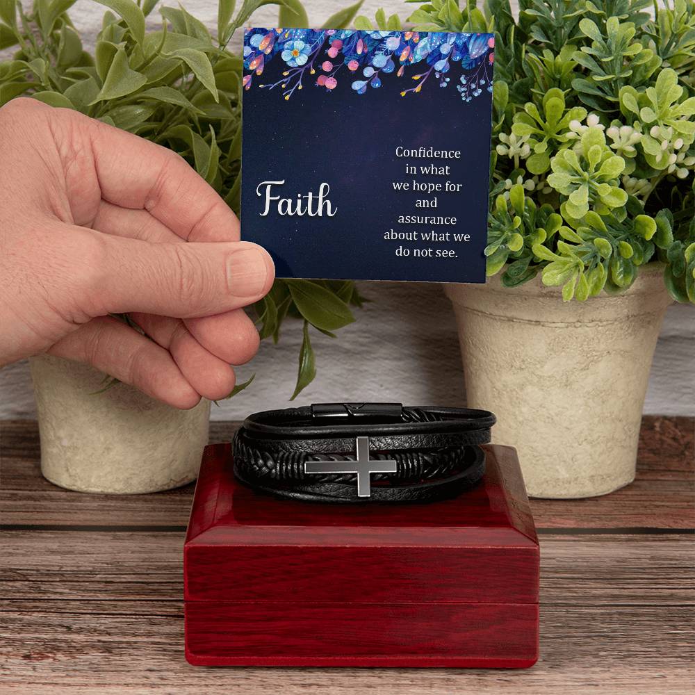 Faith (noun) Hebrews 11:1 Men's Stainless Steel & Vegan Leather Cross Bracelet - Vegan Leather with Stainless Steel-Express Your Love Gifts