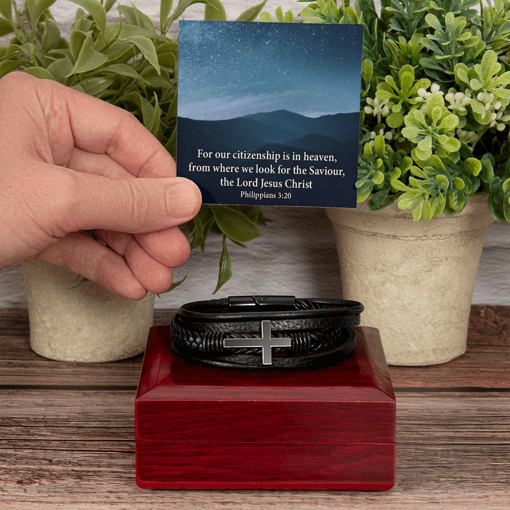 Citizenship in Heaven Philippians 3:20 Men's Stainless Steel & Vegan Leather Cross Bracelet - Vegan Leather with Stainless Steel-Express Your Love Gifts