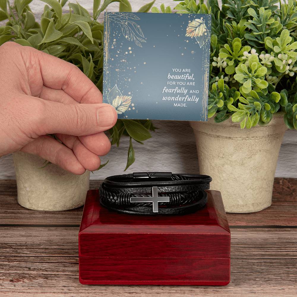 You Are Wonderfully Made Psalm 139:14 Men's Stainless Steel & Vegan Leather Cross Bracelet - Vegan Leather with Stainless Steel-Express Your Love Gifts