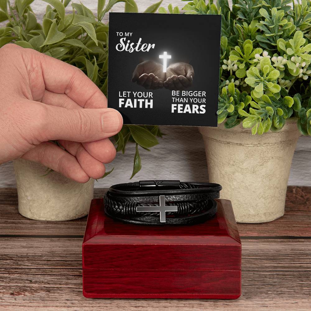 Let Your Faith Be Bigger Than Your Fears Isaiah 41:10 Men's Stainless Steel & Vegan Leather Cross Bracelet - Vegan Leather with Stainless Steel-Express Your Love Gifts