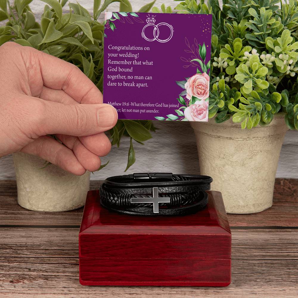 Wedding Message Faith Matthew 9:16 Men's Stainless Steel & Vegan Leather Cross Bracelet - Vegan Leather with Stainless Steel-Express Your Love Gifts