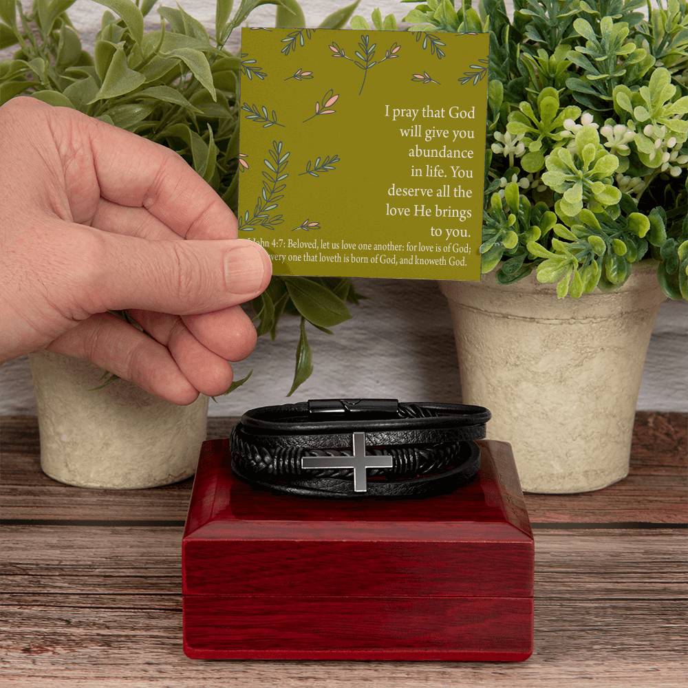 God's Love Faith 1 John 4 :7 Men's Stainless Steel & Vegan Leather Cross Bracelet - Vegan Leather with Stainless Steel-Express Your Love Gifts