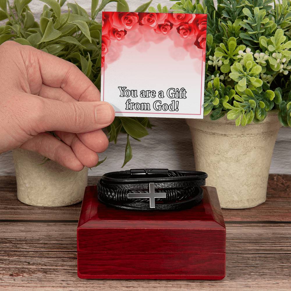 You Are a Gift From God Men's Stainless Steel & Vegan Leather Cross Bracelet - Vegan Leather with Stainless Steel-Express Your Love Gifts