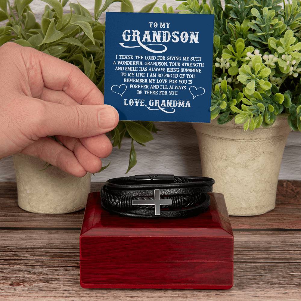 To My GrandSon I Thank The LORD For Giving Me Such Men's Cross Bracelet - Vegan Leather with Stainless Steel-Express Your Love Gifts