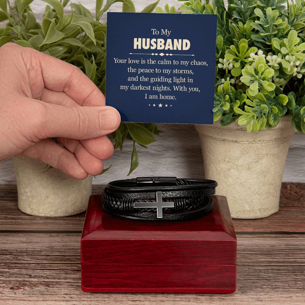 To My Husband Your Love is the Calm to My Chaos Men's Cross Bracelet - Vegan Leather with Stainless Steel-Express Your Love Gifts