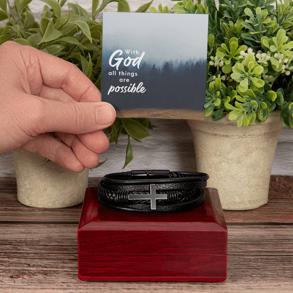 With God All Things are Possible Men's Cross Bracelet - Vegan Leather with Stainless Steel-Express Your Love Gifts