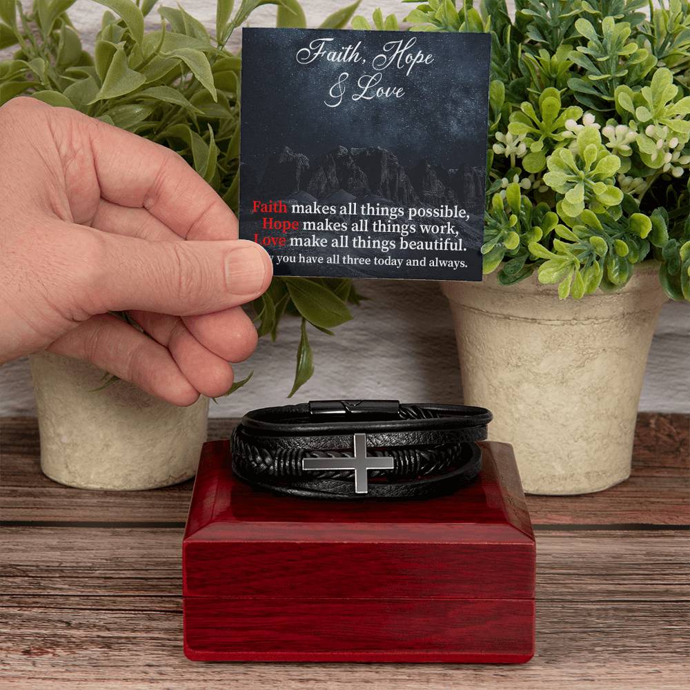 Faith Hope & Love Men's Stainless Steel & Vegan Leather Cross Bracelet - Vegan Leather with Stainless Steel-Express Your Love Gifts