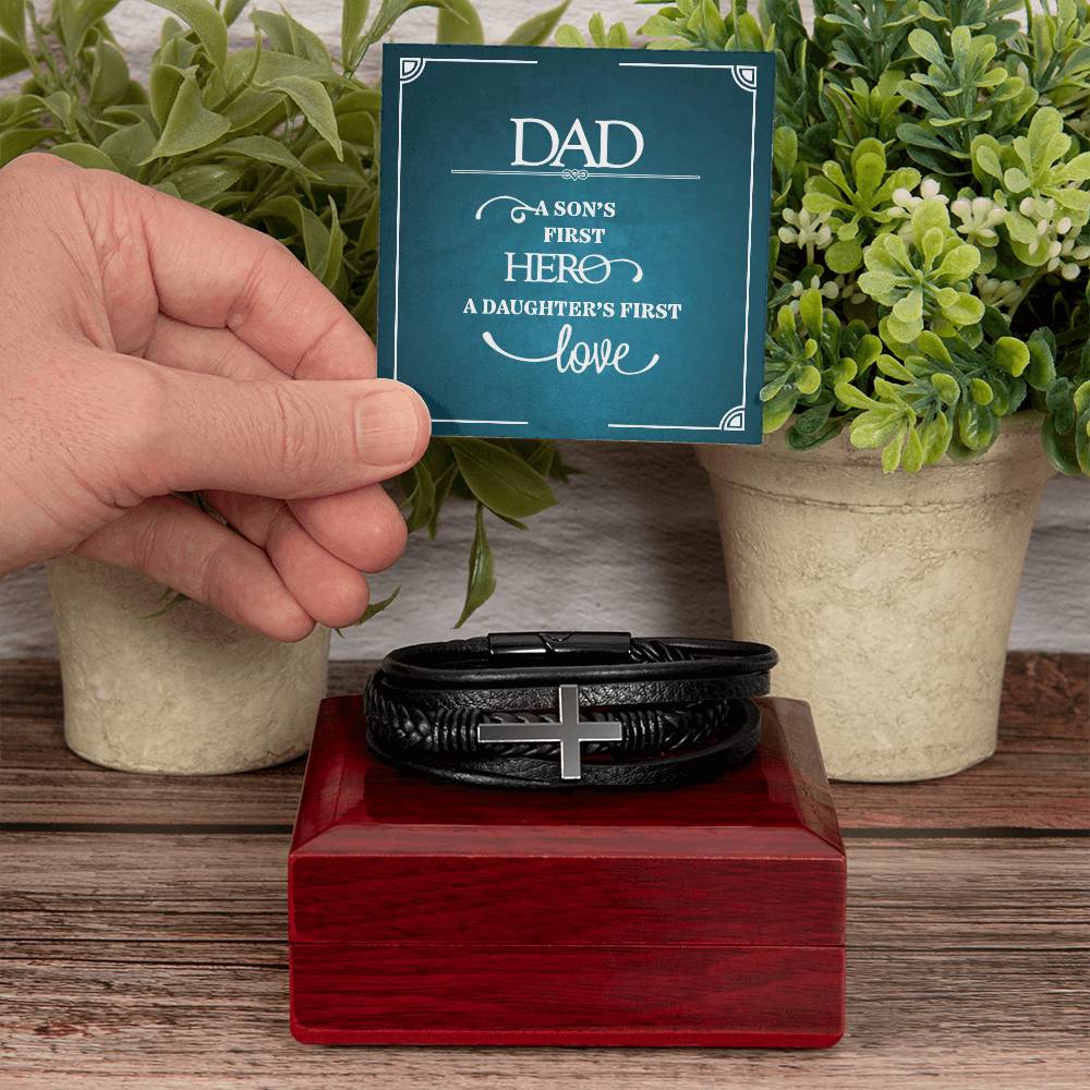 Dad a Sons First Hero Men's Cross Bracelet - Vegan Leather with Stainless Steel-Express Your Love Gifts