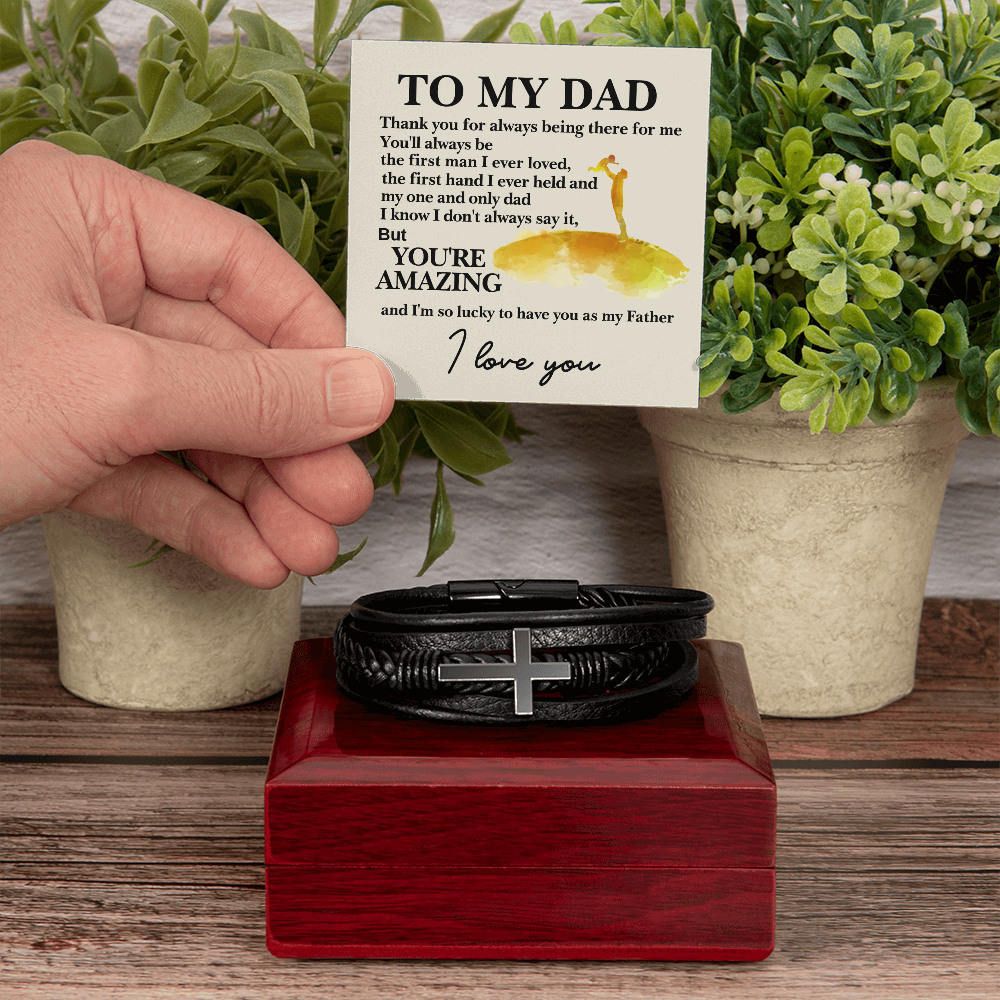 Lucky To Have You As My Father Men's Cross Bracelet - Vegan Leather with Stainless Steel-Express Your Love Gifts