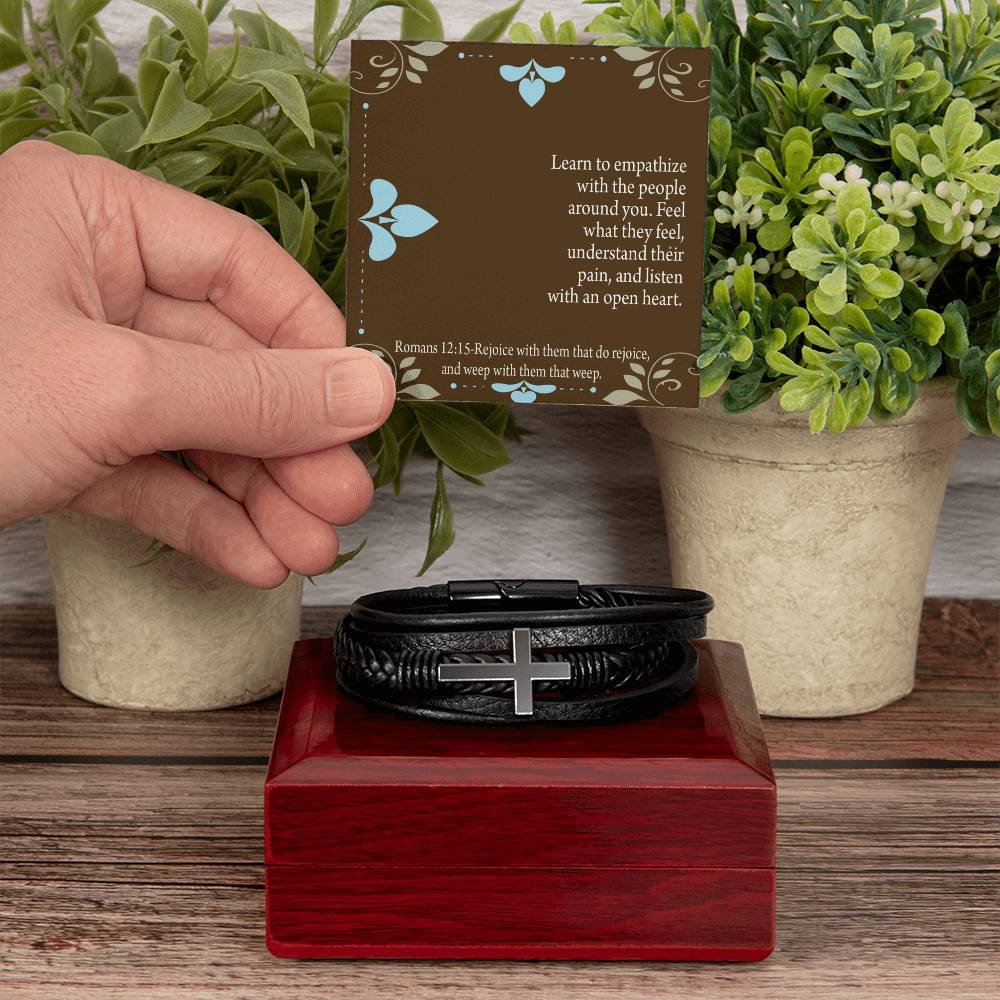 Empathy & Understanding Romans 12:15 Men's Stainless Steel & Vegan Leather Cross Bracelet - Vegan Leather with Stainless Steel-Express Your Love Gifts