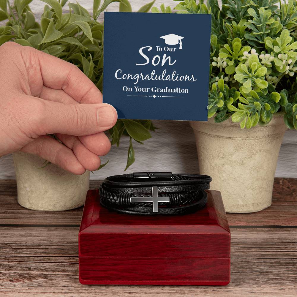To Our Son Congratulations on Your Graduation Men's Cross Bracelet - Vegan Leather with Stainless Steel-Express Your Love Gifts