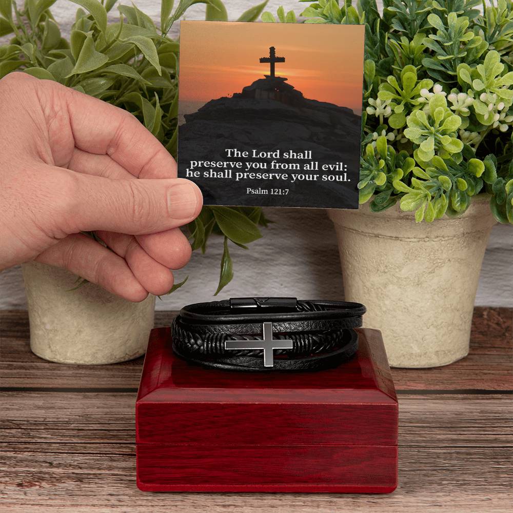 Hope Psalm 121:7 Men's Stainless Steel & Vegan Leather Cross Bracelet - Vegan Leather with Stainless Steel-Express Your Love Gifts