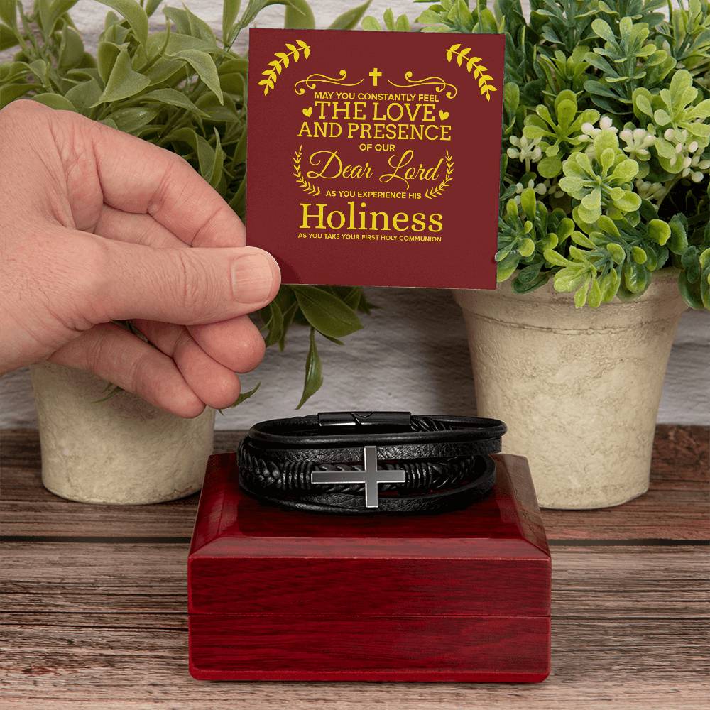 Our Dear Lord First Communion Men's Stainless Steel & Vegan Leather Cross Bracelet - Vegan Leather with Stainless Steel-Express Your Love Gifts