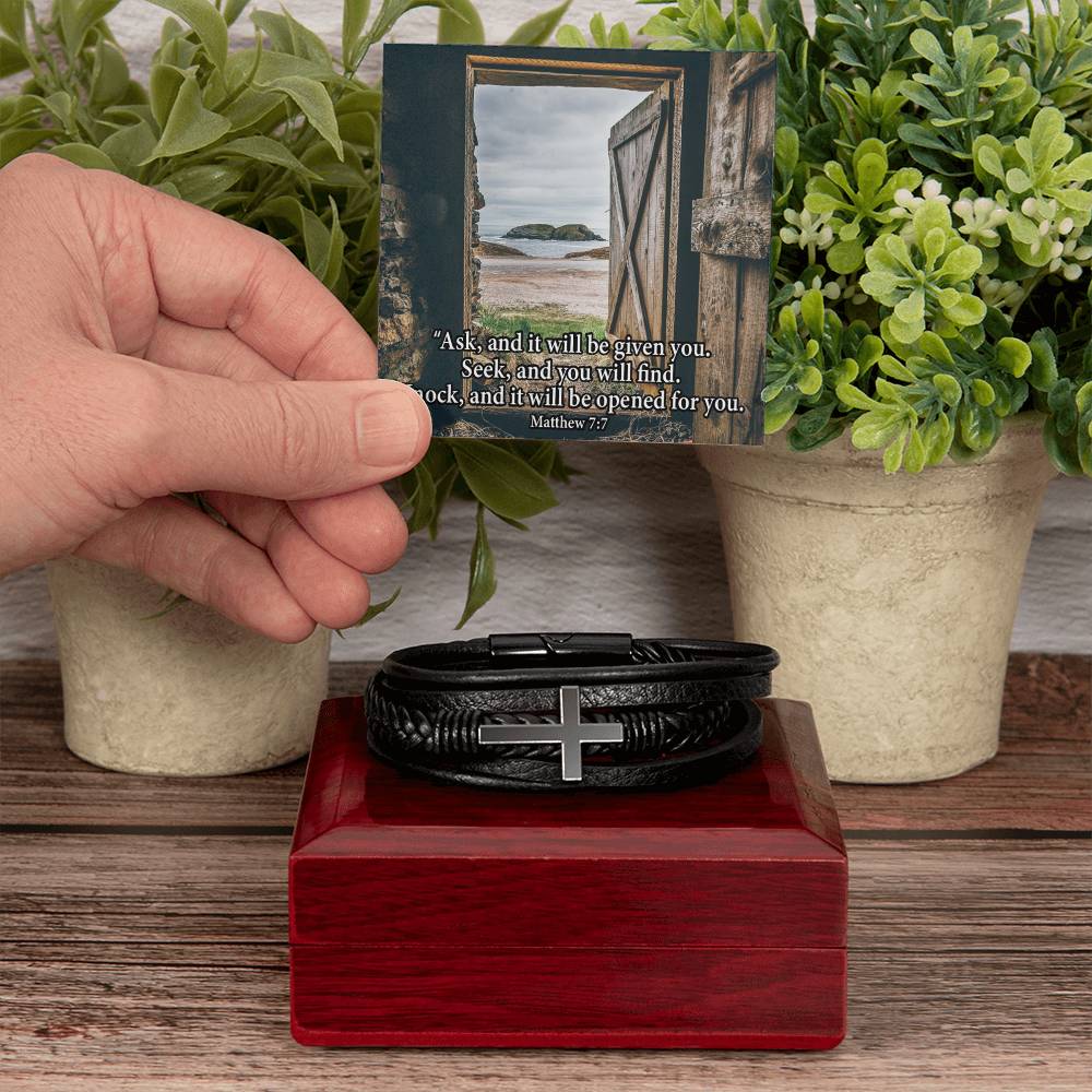 Ask & You Shall Receive Matthew 7:7 Men's Stainless Steel & Vegan Leather Cross Bracelet - Vegan Leather with Stainless Steel-Express Your Love Gifts