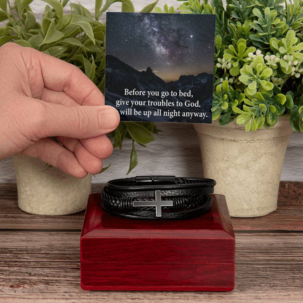 Give Your Trouble to God Men's Stainless Steel & Vegan Leather Cross Bracelet - Vegan Leather with Stainless Steel-Express Your Love Gifts