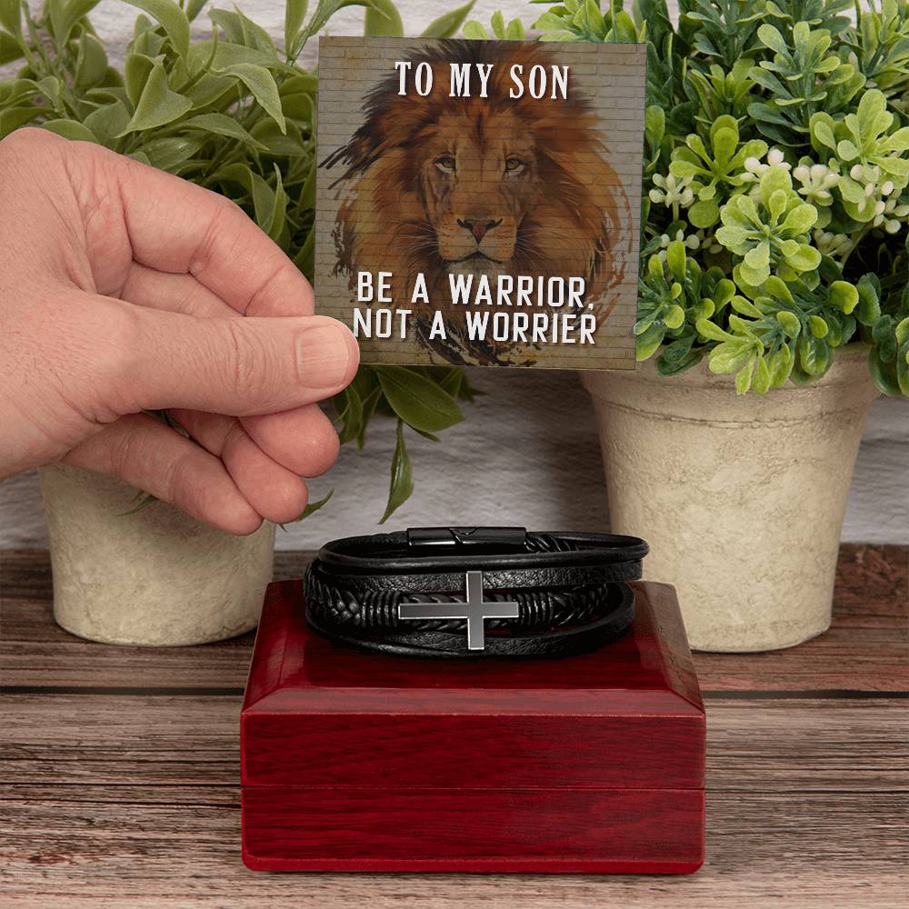 Be a Warrior Not a Worrier Men's Cross Bracelet - Vegan Leather with Stainless Steel-Express Your Love Gifts