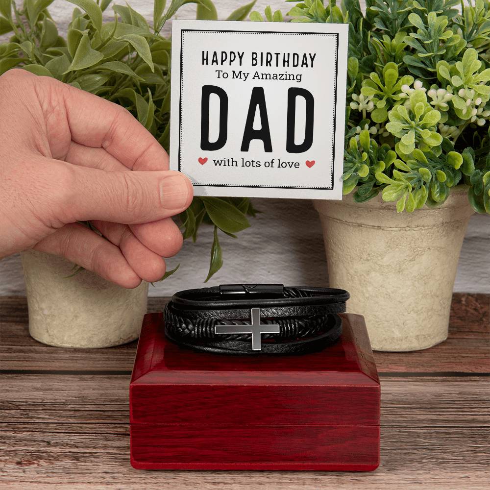 Happy Birthday to My Amazing Dad Men's Cross Bracelet - Vegan Leather with Stainless Steel-Express Your Love Gifts