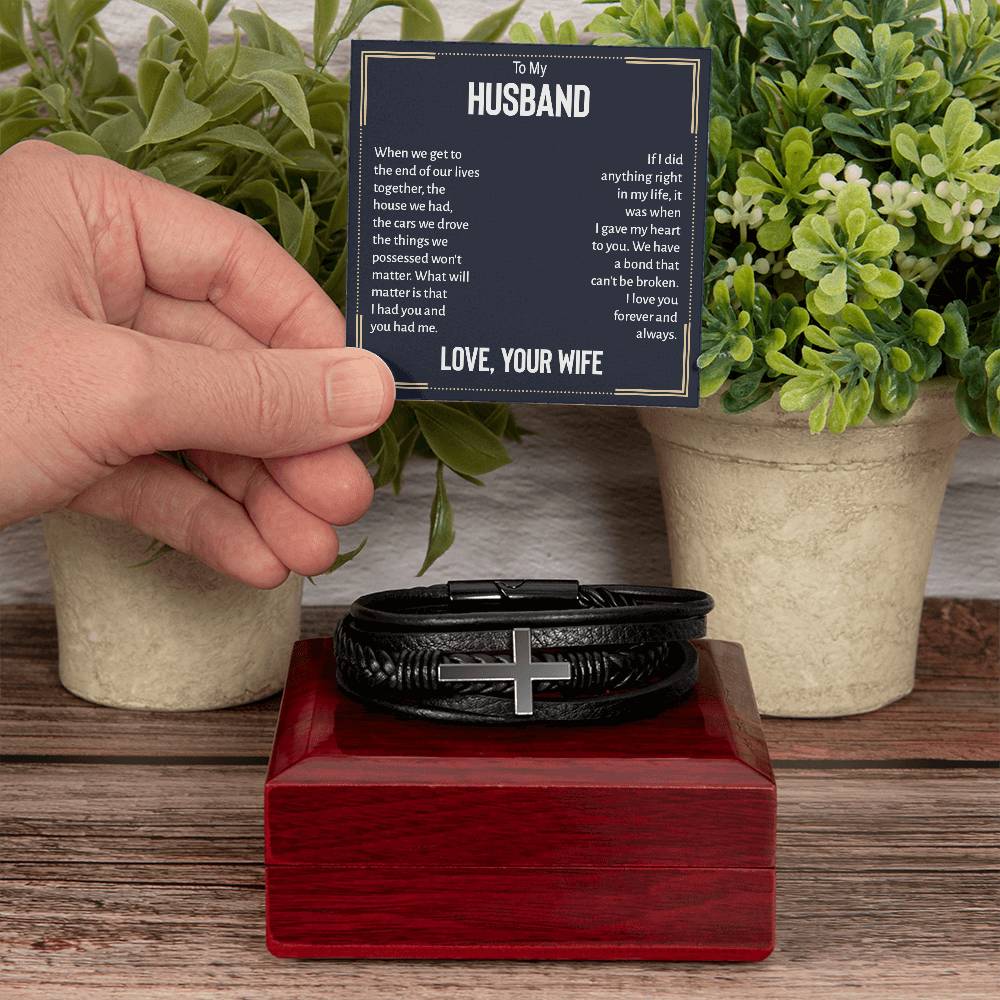 To My Husband When We Get to the End of Our Lives Men's Cross Bracelet - Vegan Leather with Stainless Steel-Express Your Love Gifts