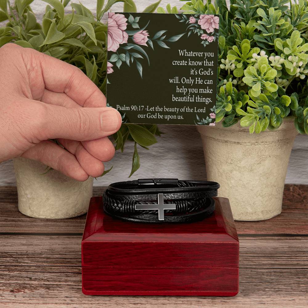 God's Will & Beauty Psalm 90:17 Men's Stainless Steel & Vegan Leather Cross Bracelet - Vegan Leather with Stainless Steel-Express Your Love Gifts