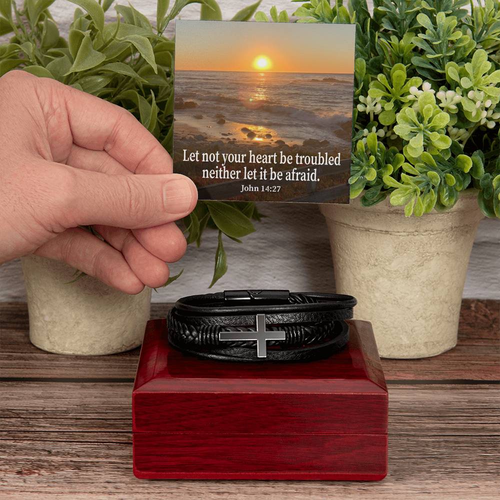 Let Not Your Heart be Troubled John 14:27 Men's Stainless Steel & Vegan Leather Cross Bracelet - Vegan Leather with Stainless Steel-Express Your Love Gifts