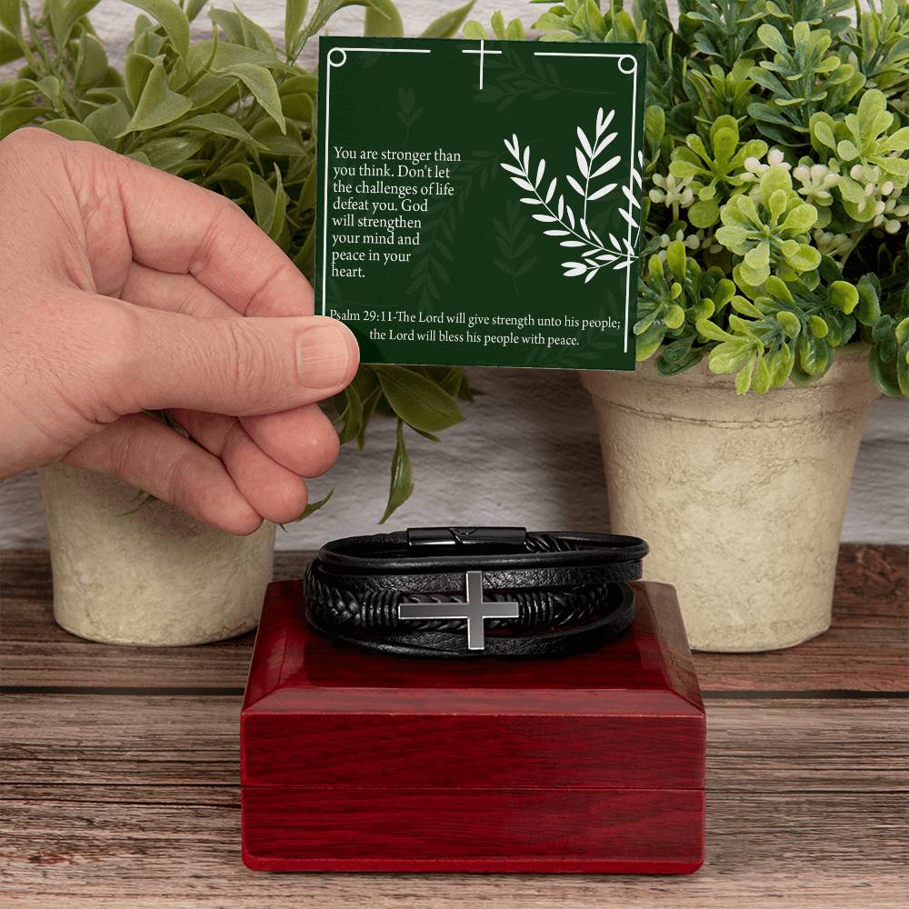 God Will Strengthen You Psalm 29:11 Men's Stainless Steel & Vegan Leather Cross Bracelet - Vegan Leather with Stainless Steel-Express Your Love Gifts