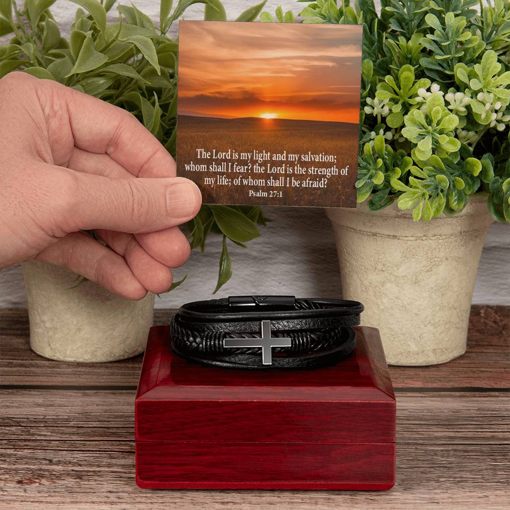 Lord is My Salvation Psalm 27:1 Men's Stainless Steel & Vegan Leather Cross Bracelet - Vegan Leather with Stainless Steel-Express Your Love Gifts