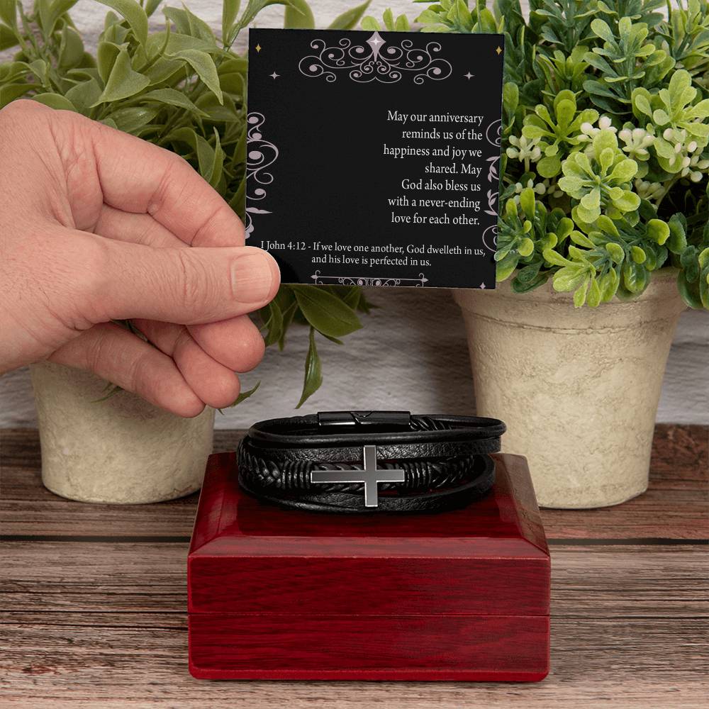 Happiness 1 John 4:12 Men's Stainless Steel & Vegan Leather Cross Bracelet - Vegan Leather with Stainless Steel-Express Your Love Gifts