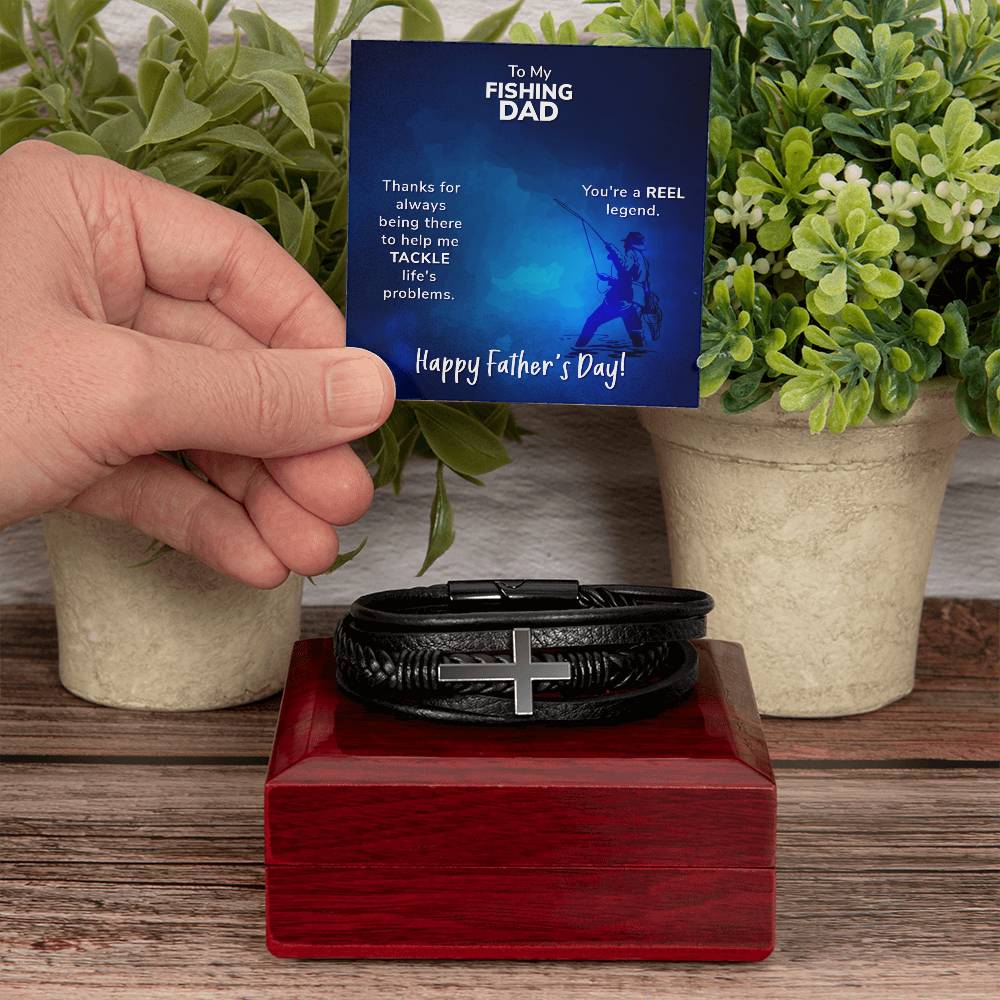 To My Fishing Dad Thanks for Always Being There Men's Cross Bracelet - Vegan Leather with Stainless Steel-Express Your Love Gifts