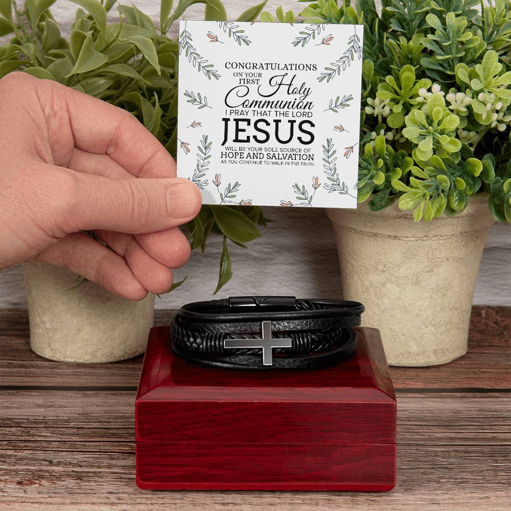 Congratulations on Your First Holy Communion Men's Stainless Steel & Vegan Leather Cross Bracelet - Vegan Leather with Stainless Steel-Express Your Love Gifts