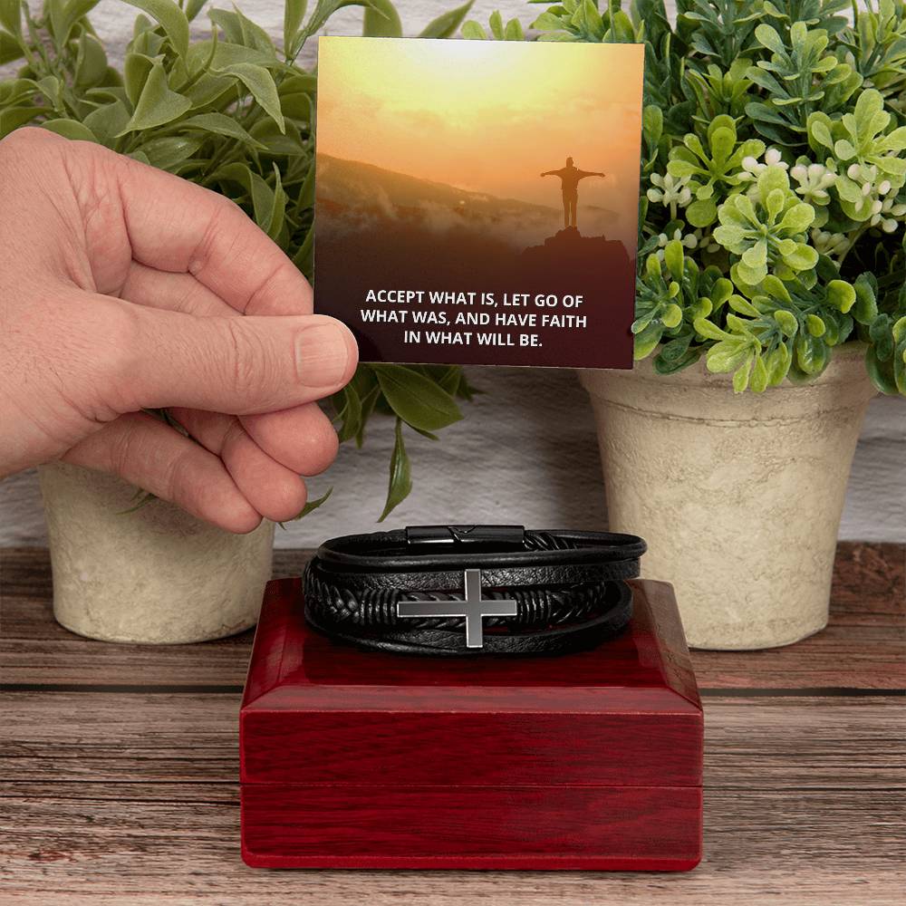 Accept What Is Men's Stainless Steel & Vegan Leather Cross Bracelet - Vegan Leather with Stainless Steel-Express Your Love Gifts