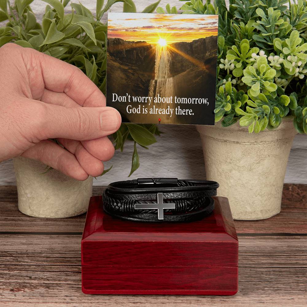 Don’t Worry Men's Stainless Steel & Vegan Leather Cross Bracelet - Vegan Leather with Stainless Steel-Express Your Love Gifts