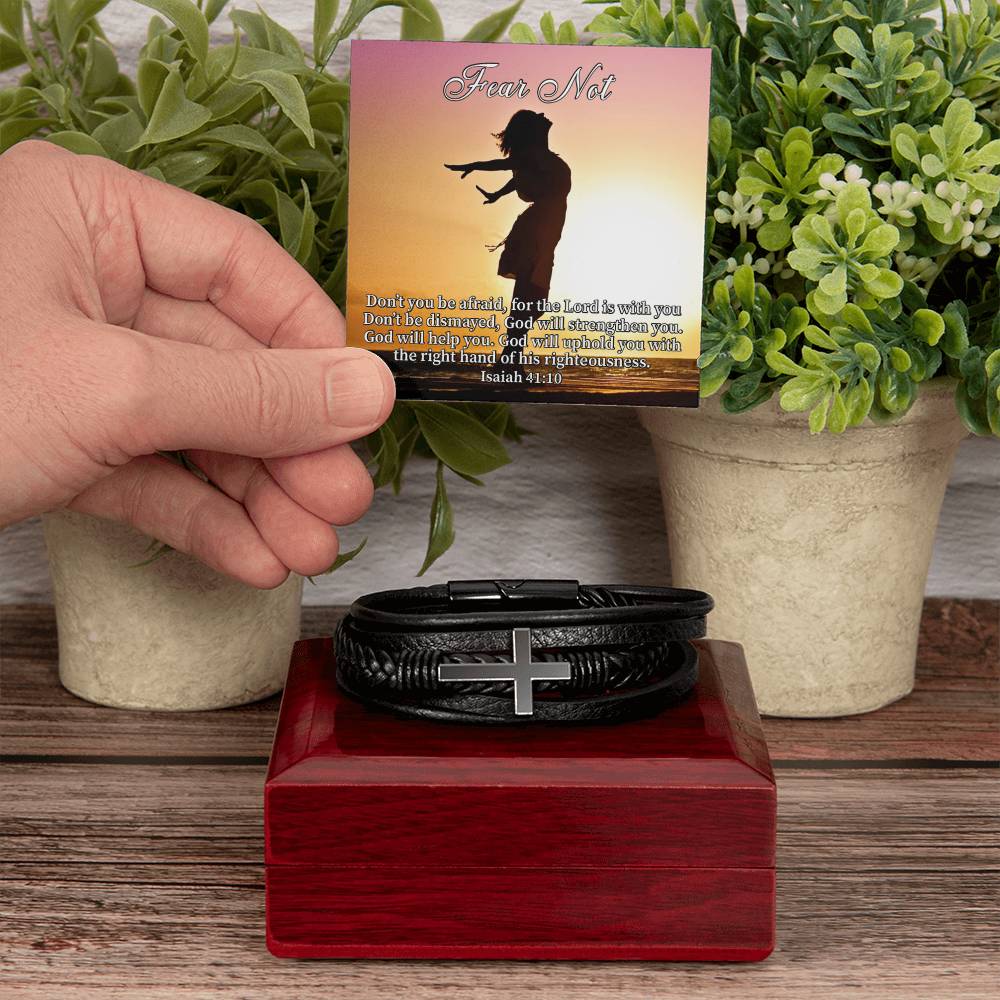 Fear Not Isaiah 41:10 Men's Stainless Steel & Vegan Leather Cross Bracelet - Vegan Leather with Stainless Steel-Express Your Love Gifts