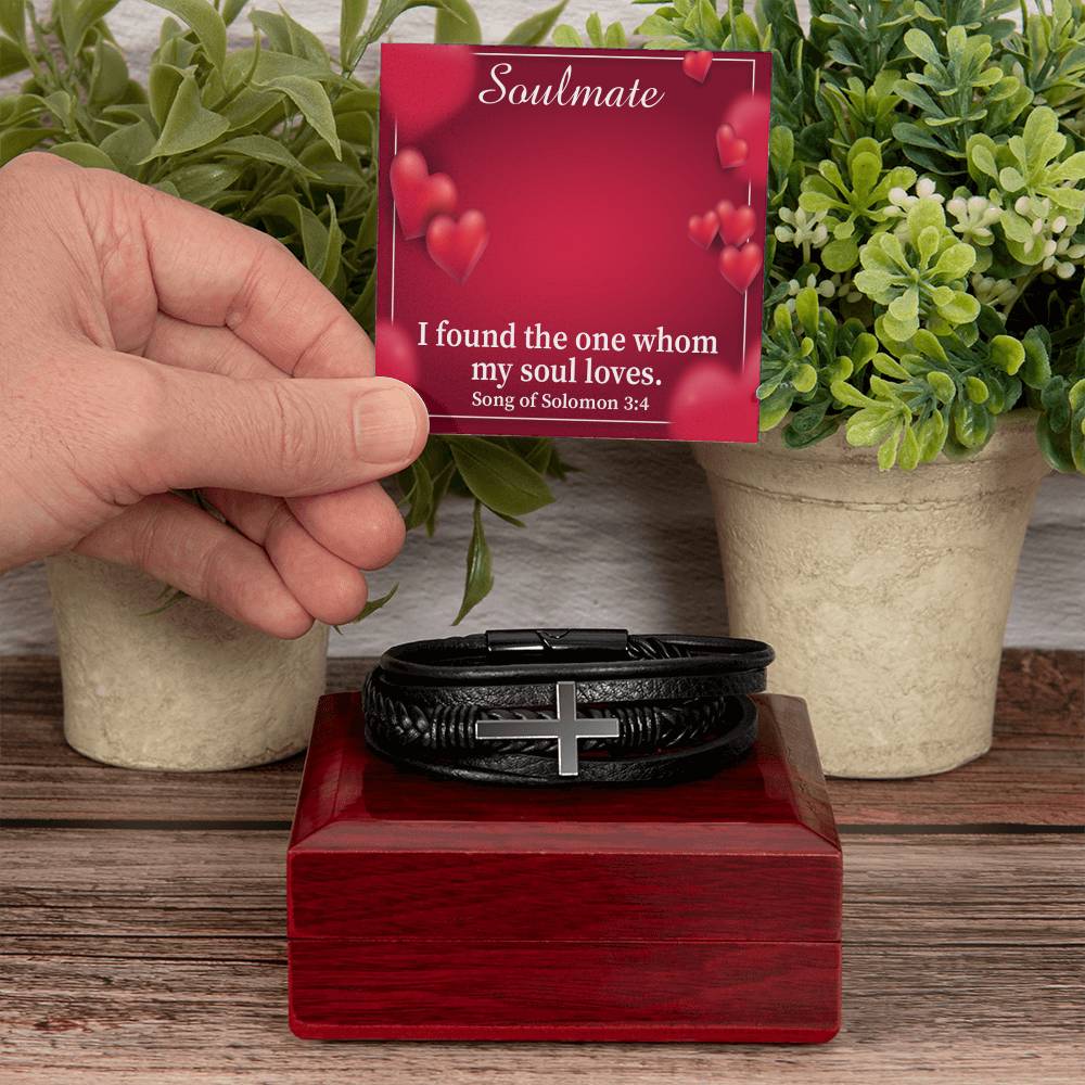 My Soul Loves Song of Solomon 3:4 Men's Stainless Steel & Vegan Leather Cross Bracelet - Vegan Leather with Stainless Steel-Express Your Love Gifts