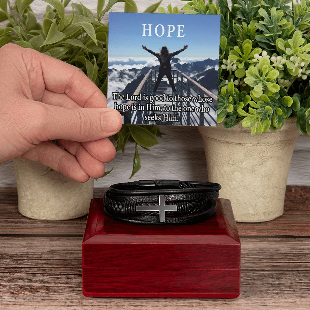 Hope is in Him Men's Stainless Steel & Vegan Leather Cross Bracelet - Vegan Leather with Stainless Steel-Express Your Love Gifts