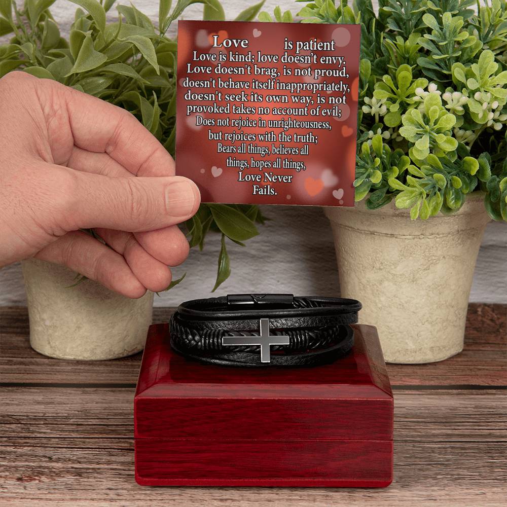 Love is Corinthians Men's Stainless Steel & Vegan Leather Cross Bracelet - Vegan Leather with Stainless Steel-Express Your Love Gifts