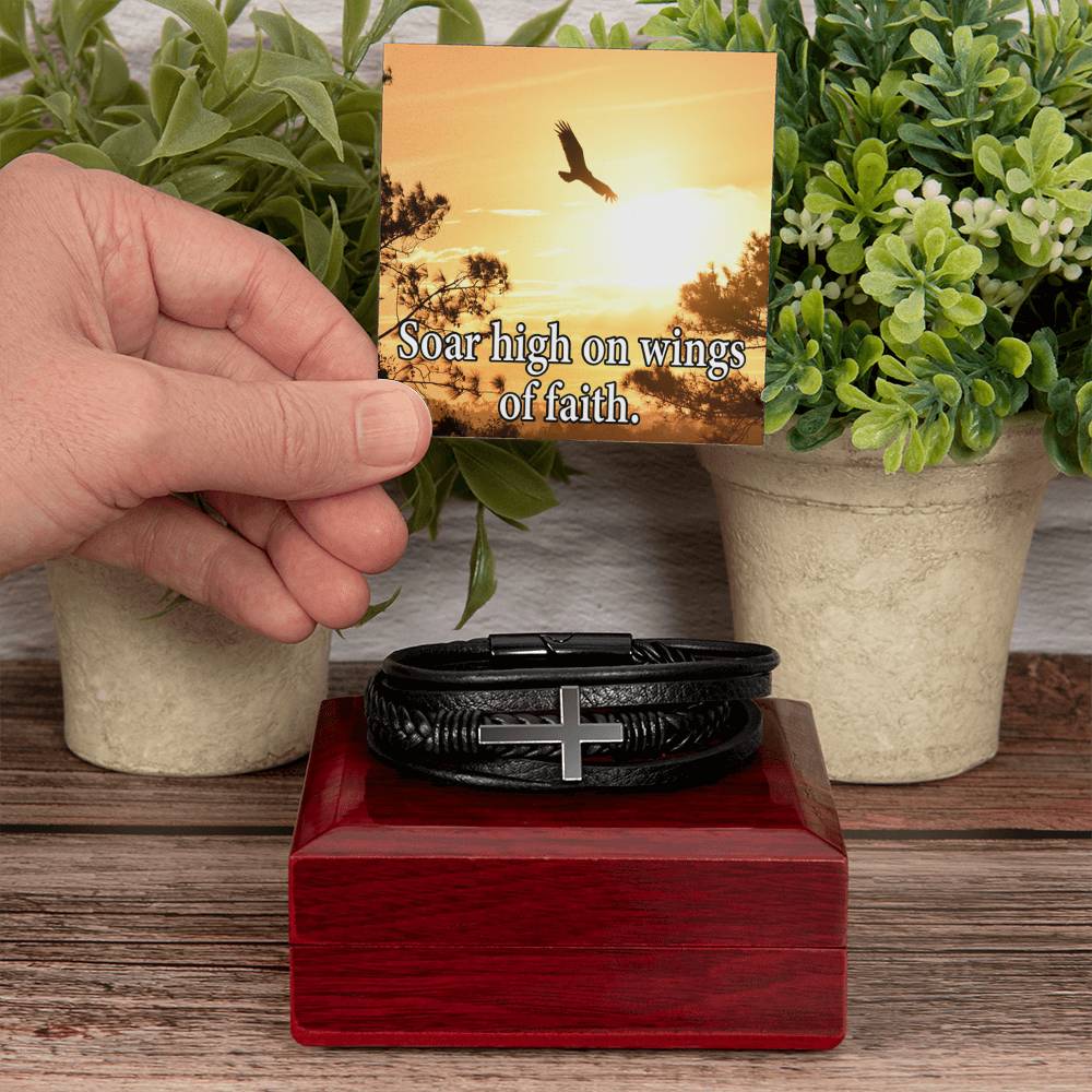 Soar High on Faith Men's Stainless Steel & Vegan Leather Cross Bracelet - Vegan Leather with Stainless Steel-Express Your Love Gifts